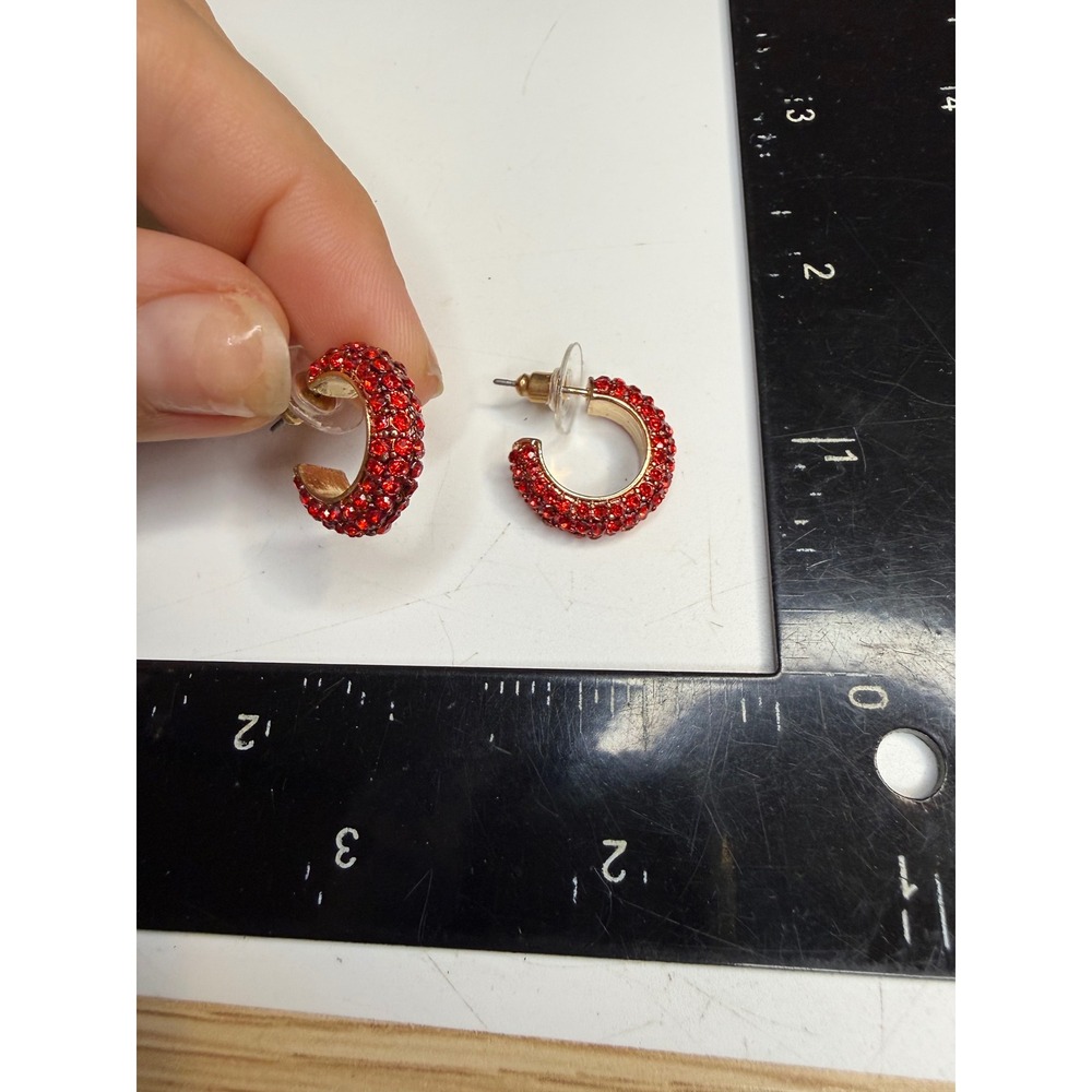 Red Rhinestone Gold Tone Hoop Earrings Sparkling C-Hoops Post Back